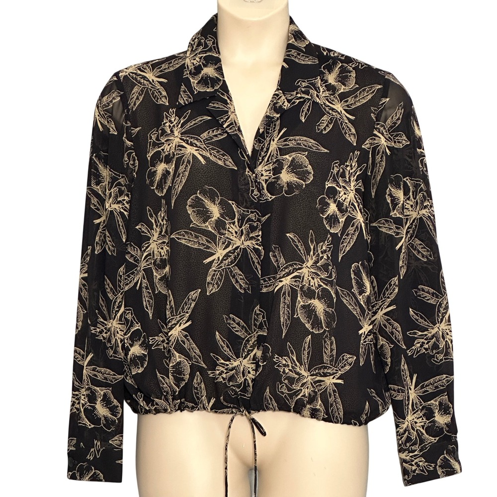 VTG Dana Buchman Womens Top 14 Black Beige Floral 100% Silk Drawstring Luxury